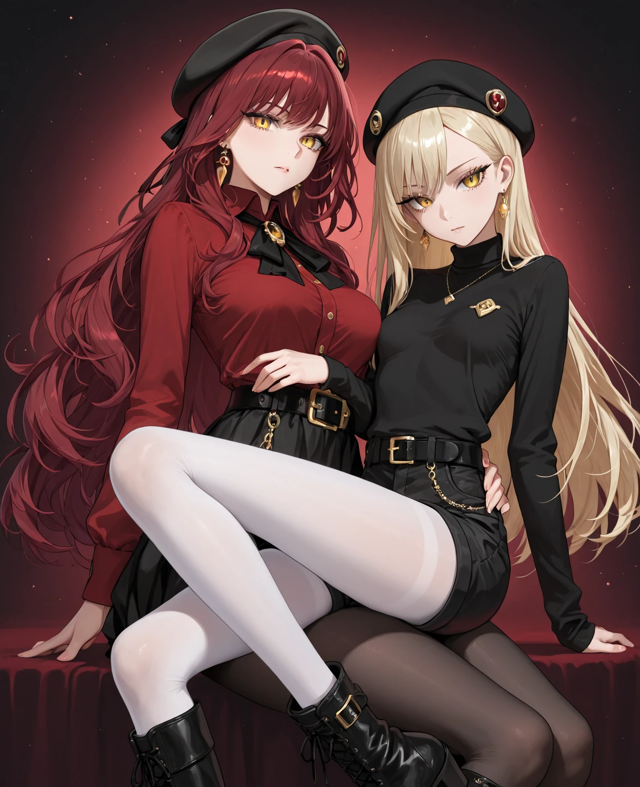 ((having hot lesbian sex in the bedroom. They are kissing, fondling, licking, and scissoring one another with so much passion, these brunettes are so damn hot.)),(masterpiece, best quality:1.4), absurdres, highres, ultra detailed, beautiful, (secretary), (perfect face, detailed face, beautiful:1.3),(natural breasts, cleavage), collarbone, fingerless gloves, gloves,spaghetti strap top, black pencil skirt, tight, over the knee skirt, hat, elegant secretary outfit, thighhighs, thick thighs, thighs, multiple belts, More detailed 8K.motor irreal:1.4,UHD,La mejor calidad:1.4, fotorrealista:1.4, textura de la piel:1.4, obra maestra:1.8,obra-prima, mejor calidad,objeto Objeto], (detailed face features:1.3),(manos detailed)
