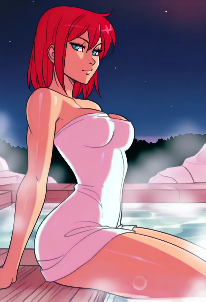 rating_explicit, beautyful mature woman, naked, crossed legs, redhair, red hair, long hair, blue eyes, red lipstick, encorped body, , sit on a pool