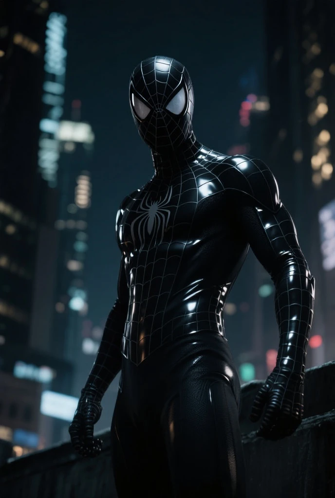 New York at night, black spider-man, black, ultra-realistic, ultra-detailed, top quality, masterpiece, best image quality, sitting in a building, orange street light, slim, black spider-man, pitch black spider-man, pitch black, black suit, venom suit