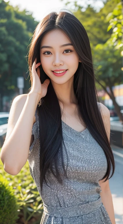 A perfect young female,Chinese,High picture quality,Works of masters,Black hair,Long hair flowing over the shoulders,Blured background, Real Human,CG rendering,16k,depth of field, movie light, Ray tracing, Stand up, smiles,Do not show your hands,Close-up shot