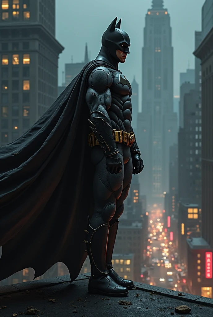 The flag has a dark colored background, perhaps black or midnight blue. In the center of the flag, Batman is drawn in his iconic suit, with his cape fluttering in the wind. Batman is standing on a rooftop, and in the distance the illuminated football stadium can be seen. The scene can be framed by a silhouette of the urban skyline, with the stadium lights shining brightly and standing out against the night sky.