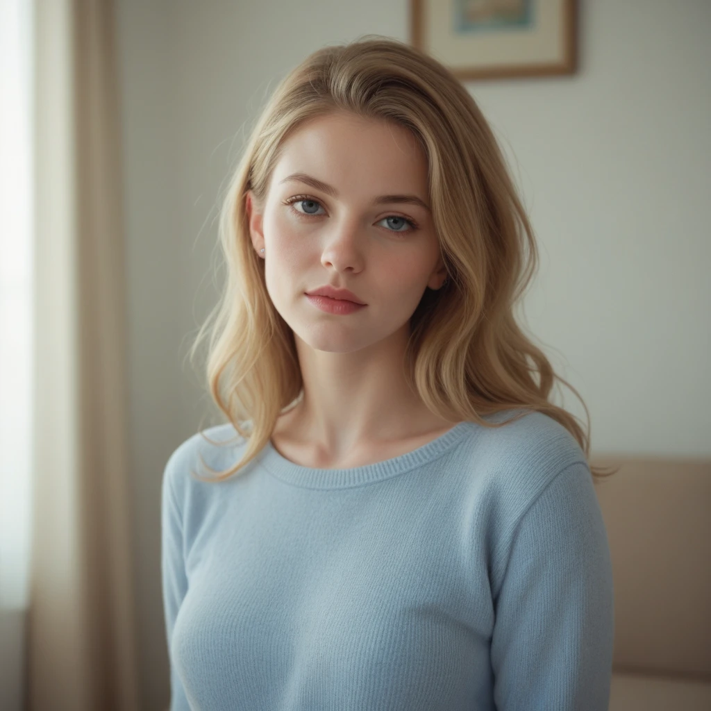 Masterpiece, best quality, (very detailed CG unity 8k wallpaperest quality), (best illustrationest shadows), 25 years old girl, blonde hair, face perfect, white sweater and blue jeans, inside photo studio, blurred background, Film Lighting、Dramatic light, photo from side, looking away from camera