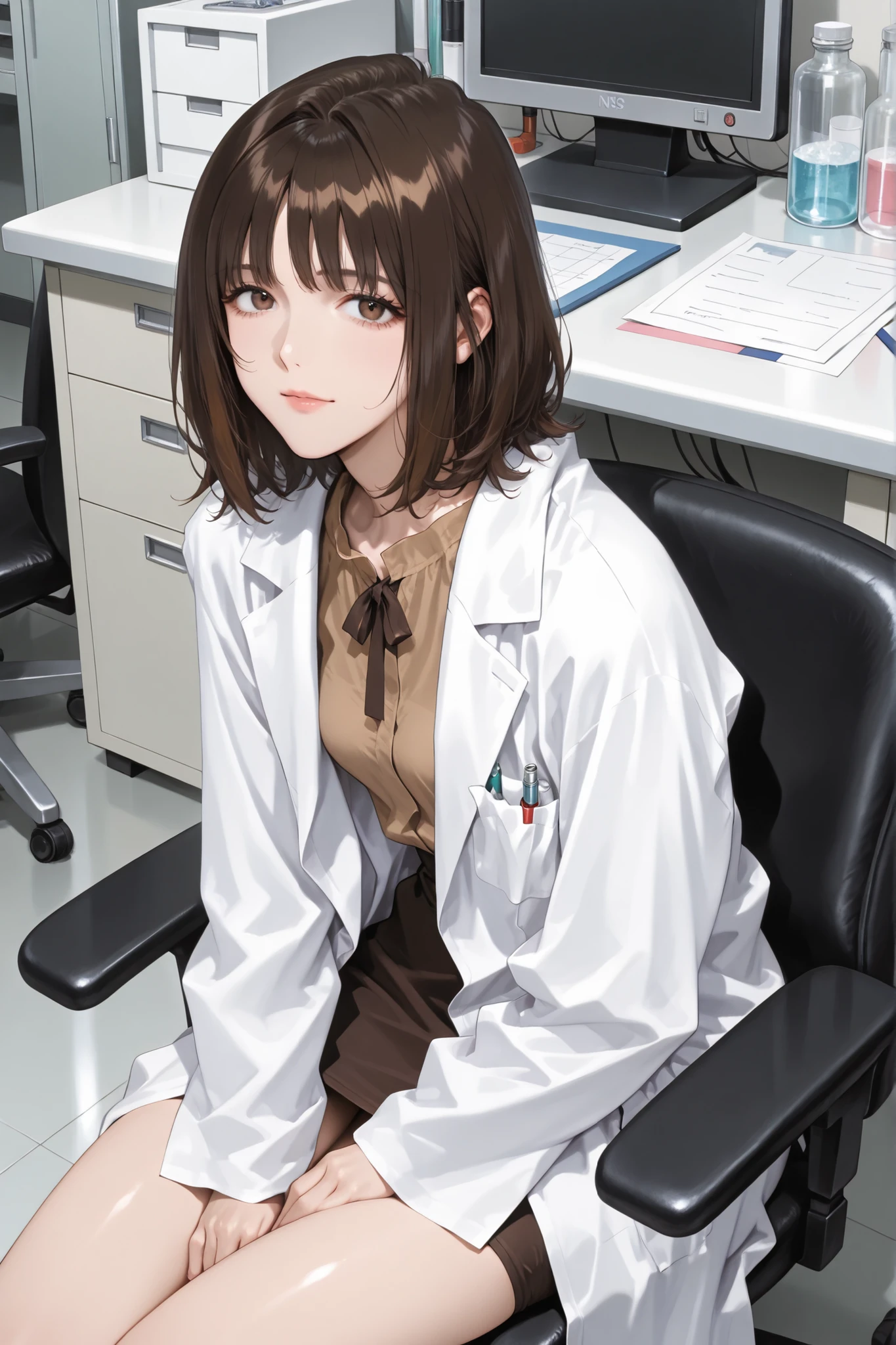 women in their 30s、small breasts、with short wavy dark brown hair parted slightly to the left、lab,lab coat, brown blouse ,office chair,is sitting