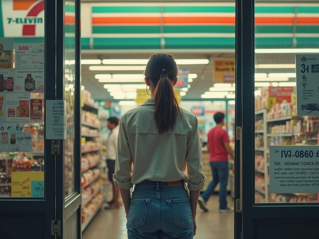 A naked woman is walking in front of a convenience store.。Looking at the camera