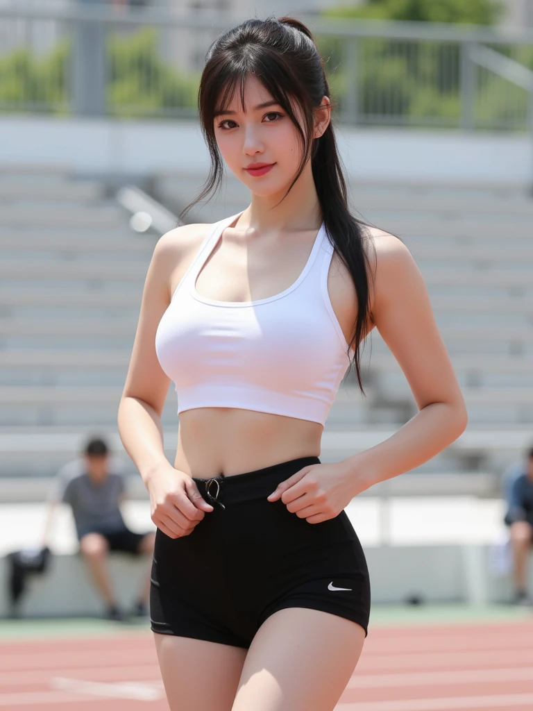 Japanese、Beauty、((Running with knees up))、((Waving his hand and running))、Very small tank top、Very small jogging shorts、Big ass、Natural brown hair、ponytail、the chest is shaking a lot、((huge natural breast:1.2))、the way、White skin、21 years old、((sweat:1.3))、Wet Hair、Tight-fitting shorts、Very tight shorts