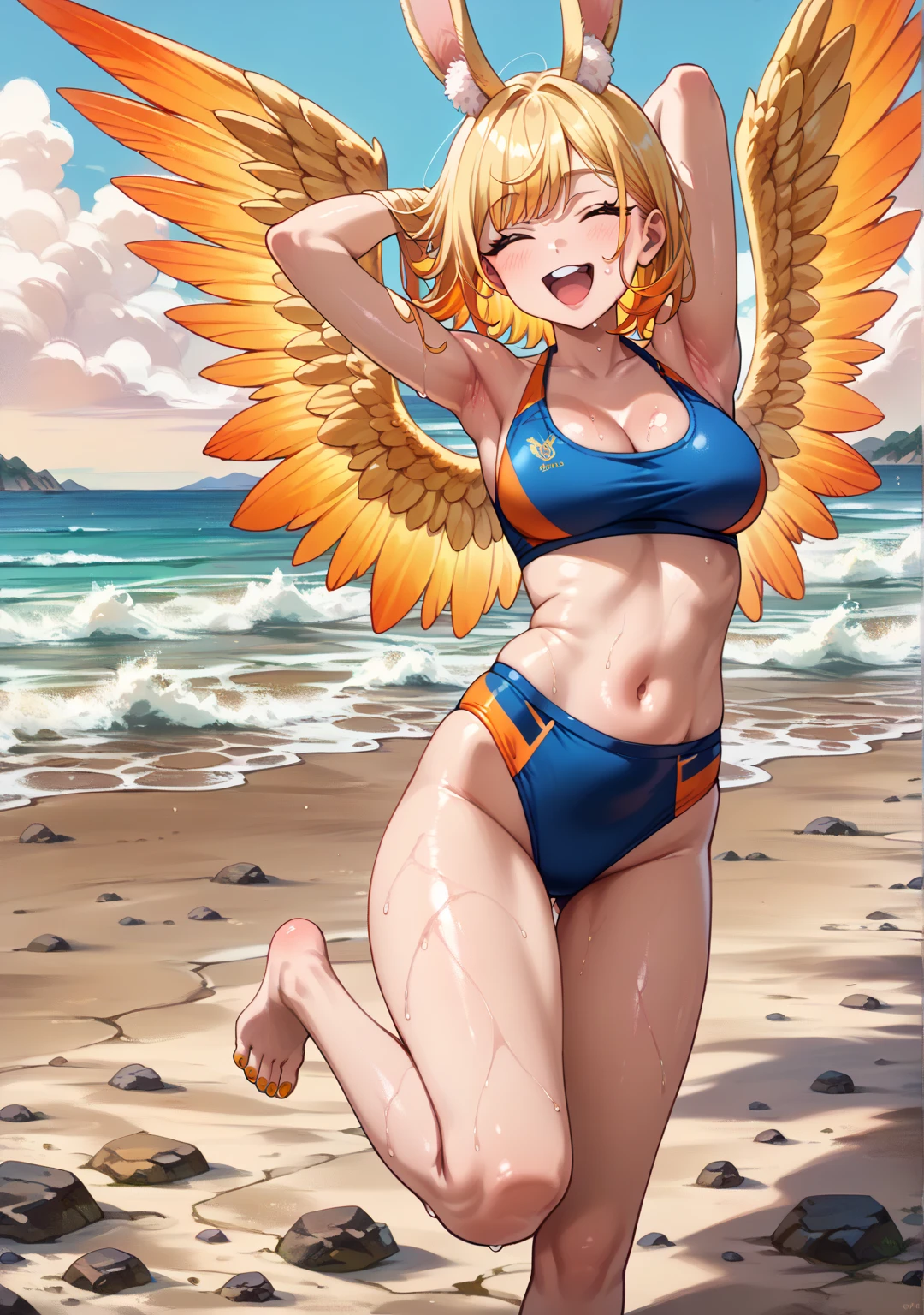 score_9_up, ((adult)), (gryphon:1.2), (female, eagle feathers, feathered, covered in feathers), with Center parted shoulder length hairstyle, (wearing swiming bikini, straw hat), (summer beach scene), fashion pose, show legs, scene background
