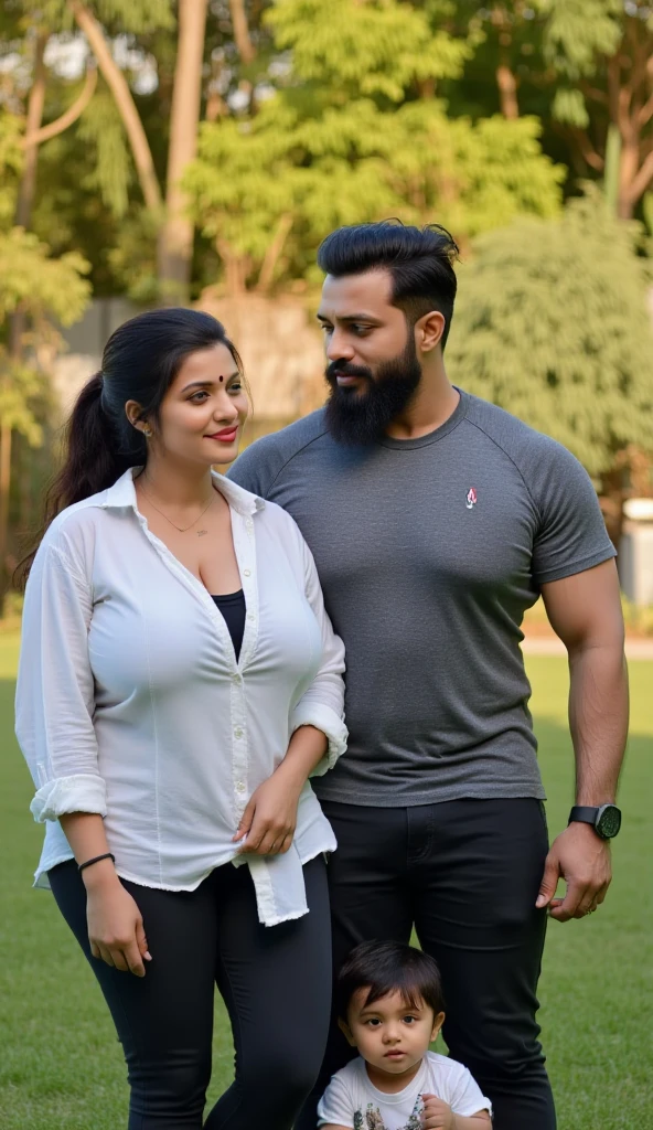 Make realistic graphics image to creat boy and girl sitting on park boy look like bodybuilder boy wearing t shirt and type usama in shirt and girl wearing pakistani dress