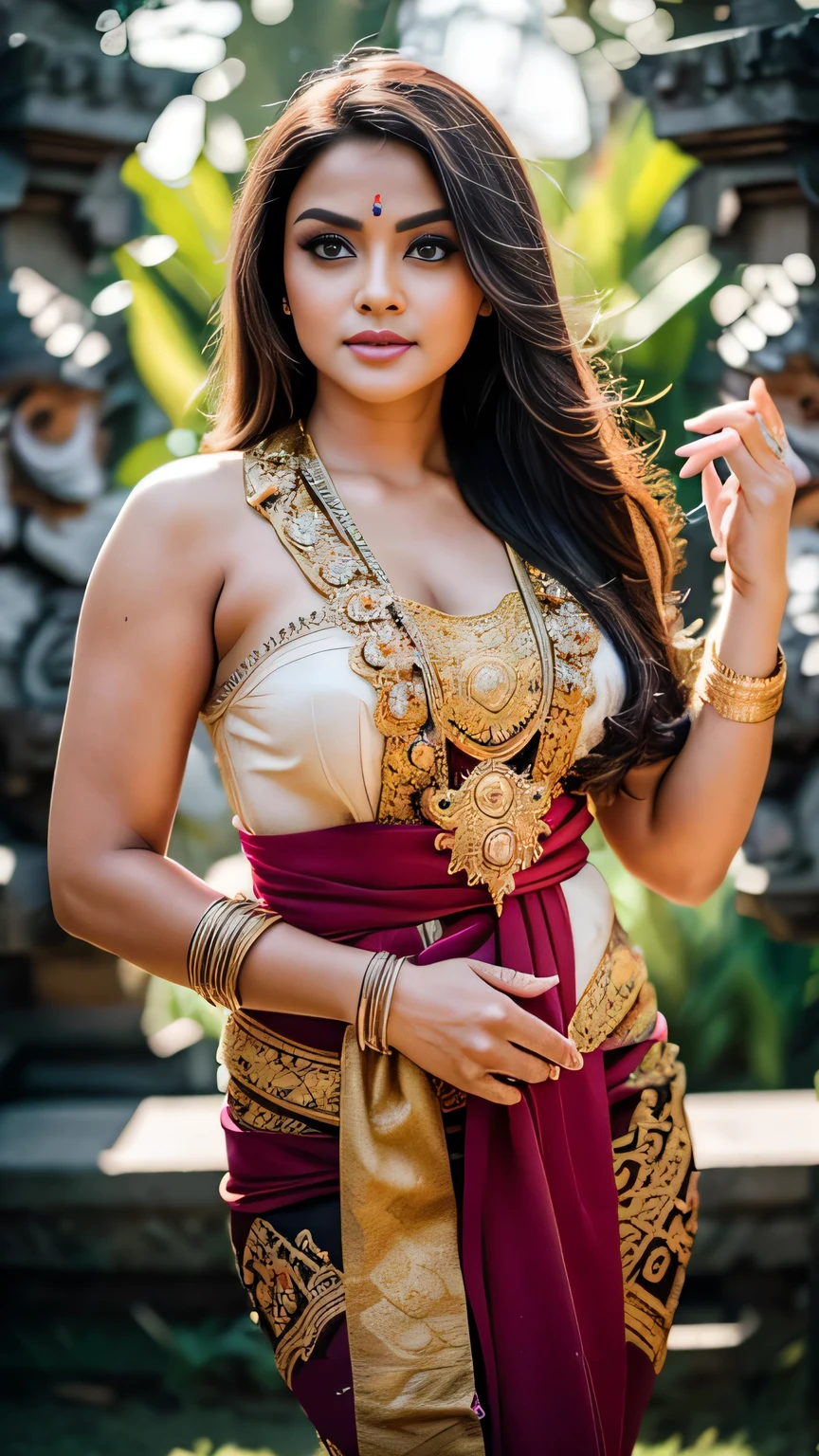(( top quality)), ((masterpiece)), (detail), heavenly beauty Aishwarya,perfect facial detail , perfect finger details, black hair,fit curvy body , Beautiful legs,wearing Balinese traditional clothes, dancing traditional Balinese dance, revealing clothes,Balinese epic vibes, Balinese traditional dance performance, night,depth of field , foto 8K, hdr, professional lighting , taken with canon eos r5 , 75mm lens