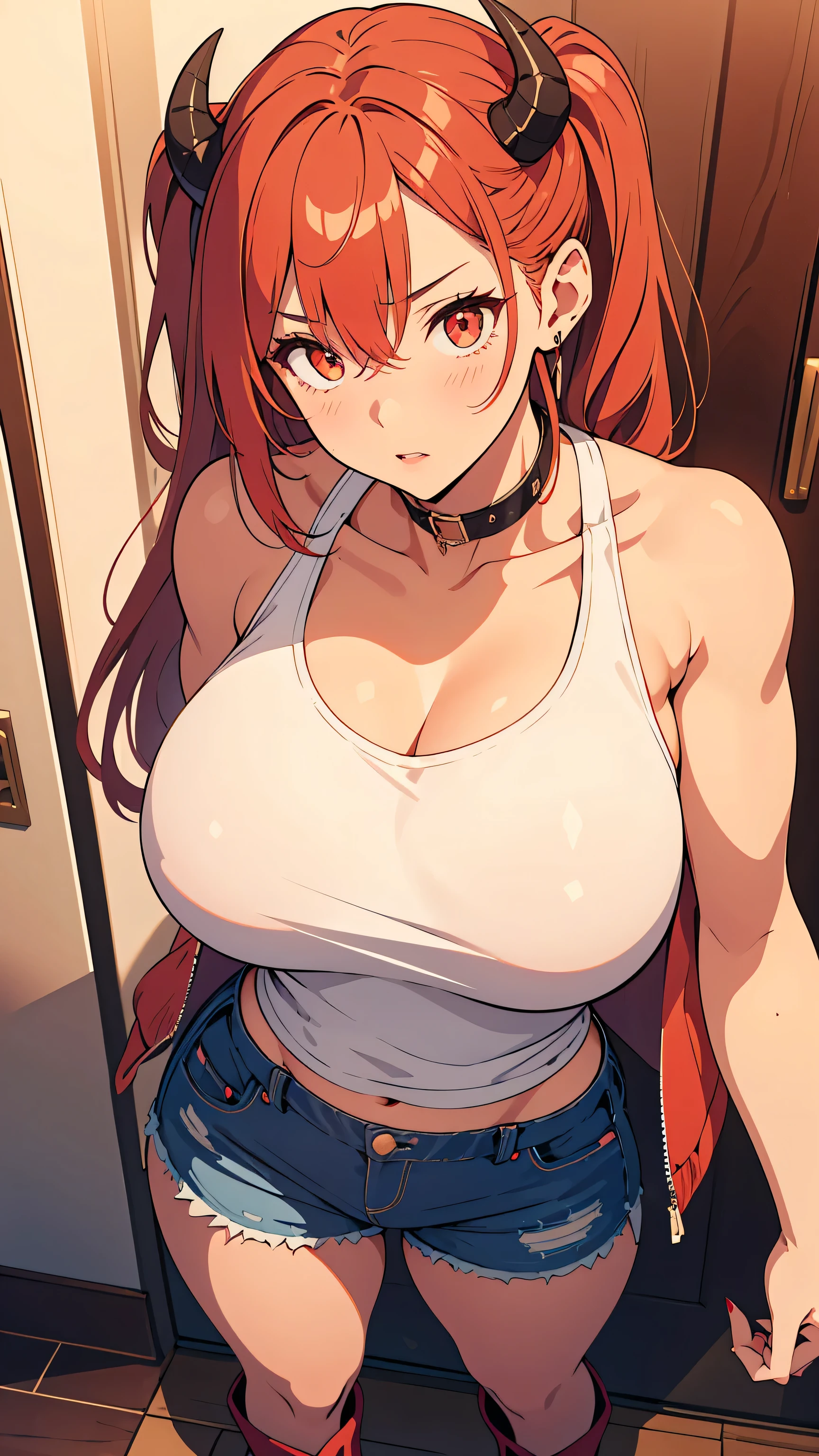 Woman, (red short hair), (ponytail:1.1), (detailed expression), smiling with visible teeth, (furrowed eyebrows), (pink eyes:1.1), (thin green t-shirt:1.1), lifts her t-shirt, (black leggings) with (torn holes:1.1), full body visible, (round breasts), (bubble butt), (wide hips:1.1), (slim waist:1.1), (thick thighs:1.1), (detailed face and eyes:1.2), the girl is (in a strange house), (detailed background), (detailed hand and finger:1.2), (medium breasts:1.2), (busty), (deep cleavage:1.2), (labia outline:1.3), (hard teat:1.3).