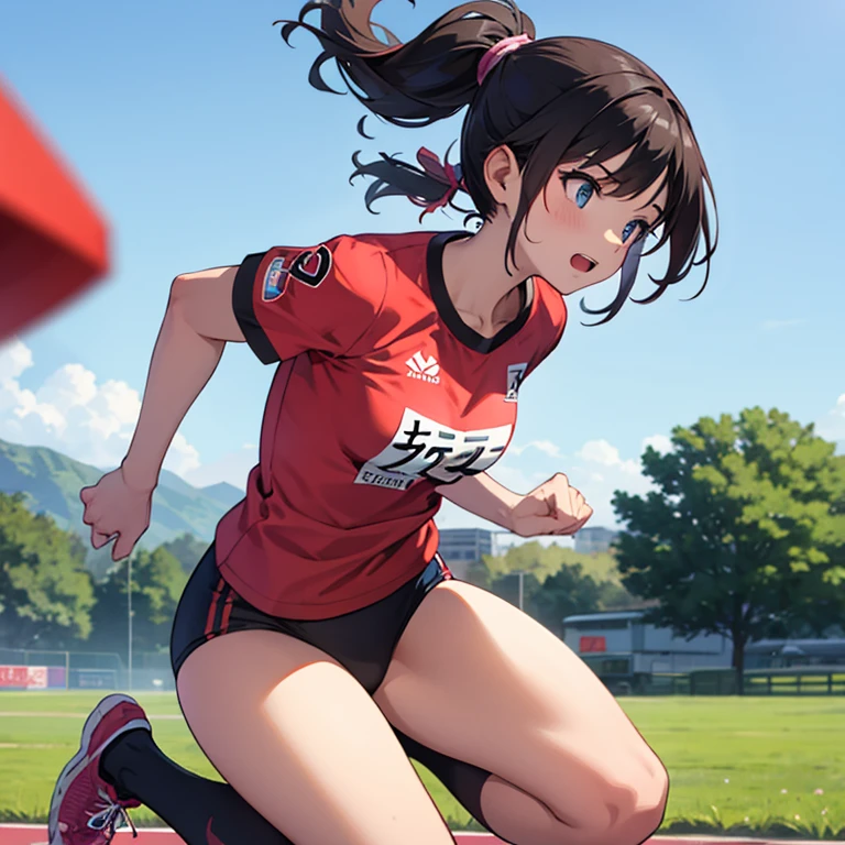 top quality, Yor forger, wear a running jersey, field background, sweating