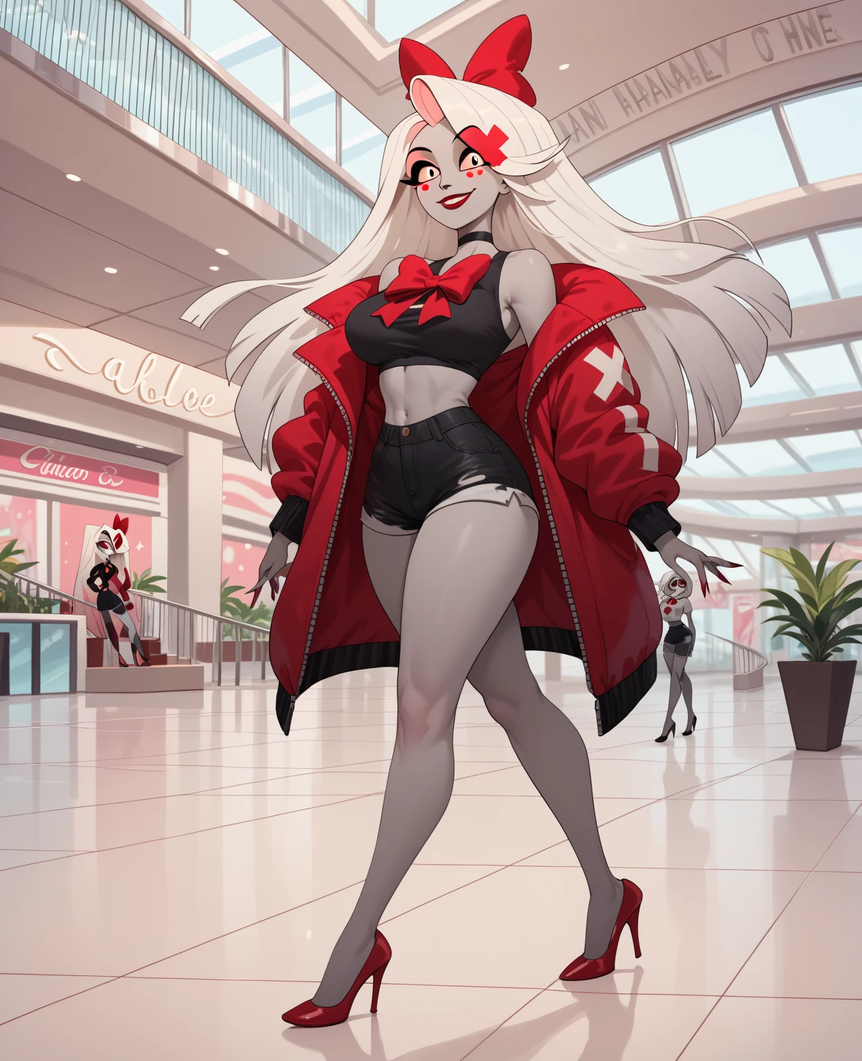 Single Anime female, Short, Long white hair, wolf ears, wolf tail, blue eyes, (wide hips:1.4), wearing short denim shorts, thigh high fishnets, black combat boots, wearing fur lined open pink jacket, flat chest, super flat chest, wearing cropped t-shirt, solo thicc thighs, wide hips, blue eyes, perfect eyes, perfect face, (((wearing santa hat)))