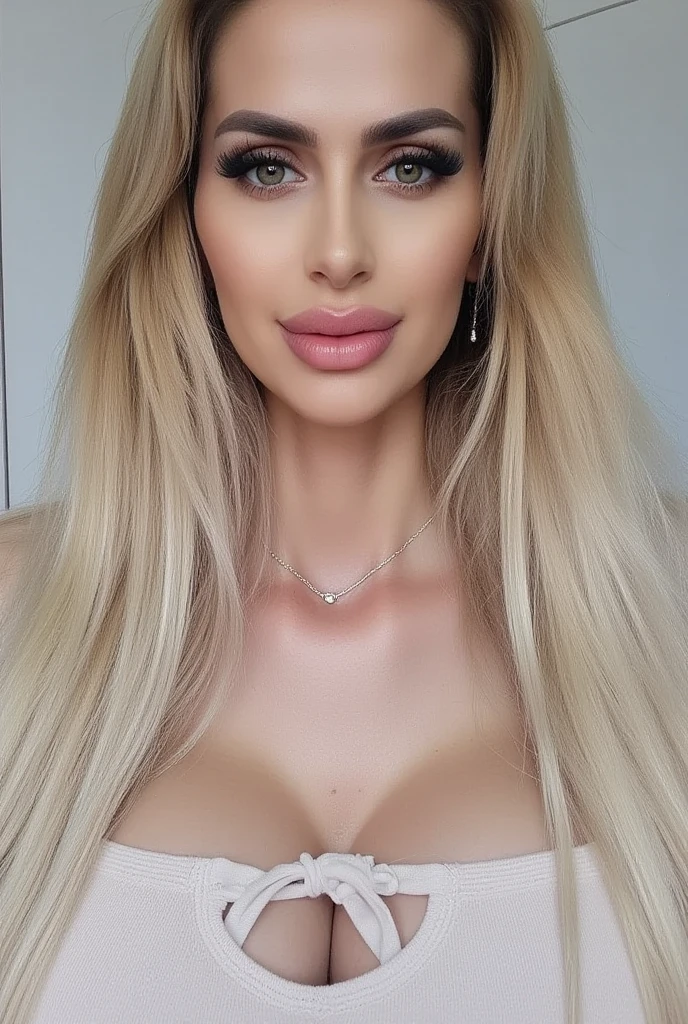(Ultra realistic) full body portrait of a young blonde skinny bimbo with huge tits, straight bleach blonde hair, skinny waist, perfect face, lip filler, puffy bimbo lips, thick eyebrows, beautiful, model, detailed eyes, eye contact, defined facial features, wearing a elegant tight dress, heavy bimbo makeup, eyeliner, long lashes, glamorous, model, slim, highly detailed face, bright, colourful, sharp, focused, beautiful image, gorgeous photography, pokies, (areolas showing:1.4)