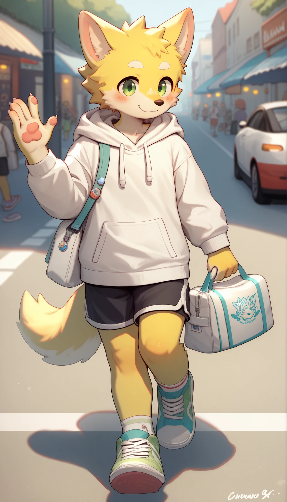 Furry chemoshota, wolf, yellow fur, green eyes, beige hoodie, white shoulder bag, black shorts, white stockings, sneakers, smiling, with a blush on the face, walking on the street, sunny, fine facial depiction, correct hand depiction, highest quality, 4K HD
