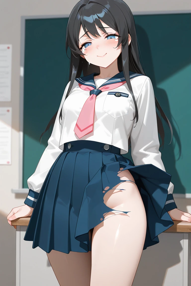 nsfw,alone, (One girl), Elementary school girl,8-year-old, ((White panties)), (wearing only the top half of sailor school uniform), Sailor with un-folded hems,  sexy, (Cowboy Shot),  ((Put your arms behind your head)), classroom, With a girl：Her hair is long and black, Her face is round and cute, Black Hair, Low twin tails,,Shy, Embarrassing,(pussy cameltoe:1.0),Sit on a chair、Spread your legs、M-shaped legs、