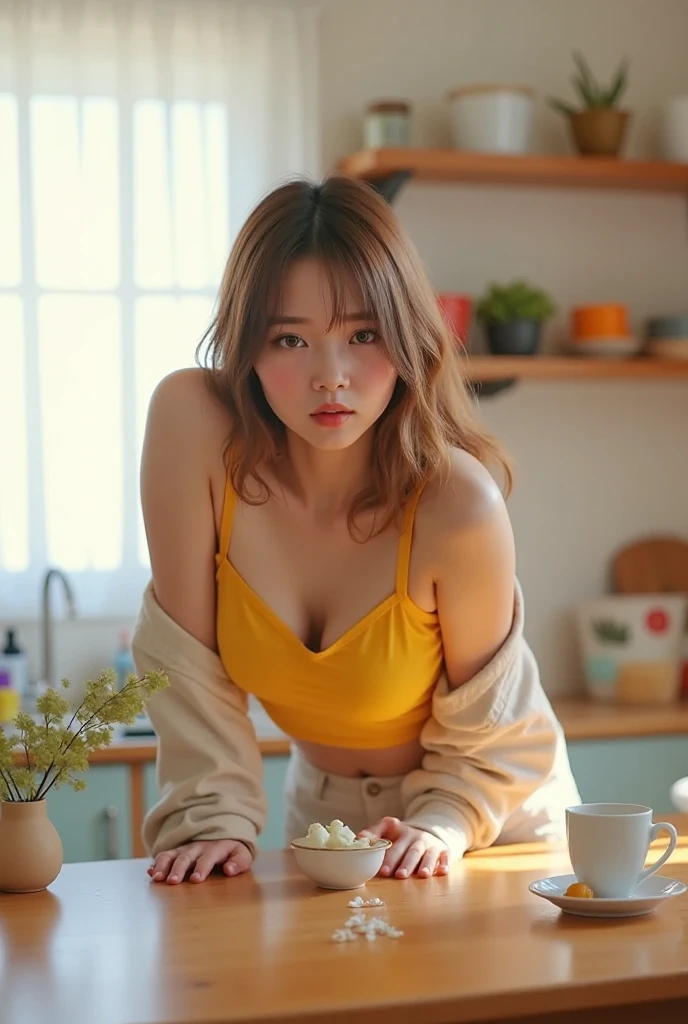 1girl, yellow lance bra, solo, at kitchen room, sit on counter, big breast, short brown hair, cute face