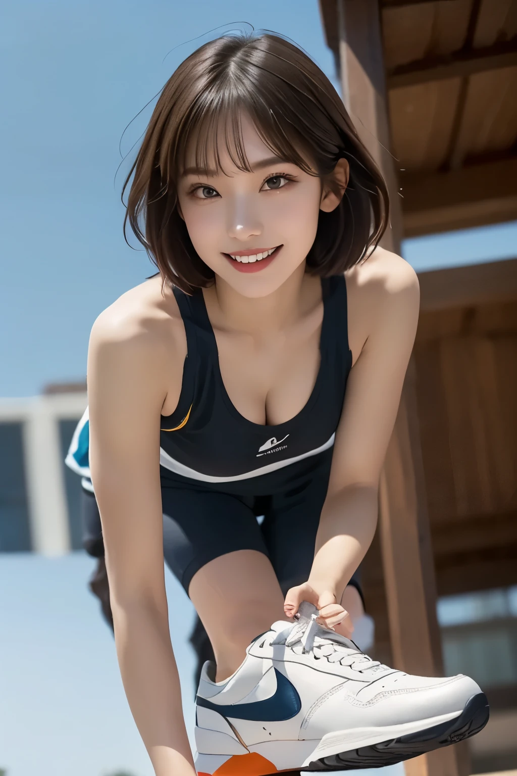 The beauty of 8K raw photos:2.0, short hair, great face and dark eyes, stare at the camera, lazy smile:1.6, show teeth, Show 1'~ side, Do squats, dynamic pose, A dynamic pose,(Pink leotard:1.2)、wear sneakers:1.4, realistic:1.9, 8k wallpaper that integrates high-definition CG, very detailed, High resolution raw color photos, Photographed by professionals, Photographed at the athletics stadium, girl sexy portrait
