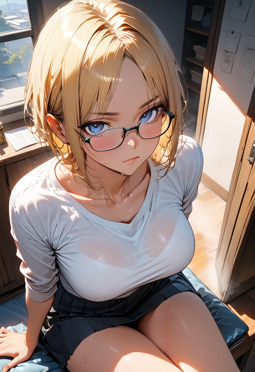 High resolution, 2D anime style,,Blue eyes beautiful eyes,high and beautiful nose,thin face,blonde boyish short hair,cool adult woman,chest is a little big,She looks very happy,bite'lips, she wears glasses,she narrows her eyes,Fashion that shows cleavage,study at a desk by the window,sit on a chair,I'Iはイヤホンをつけています,In a forest house surrounded by nature