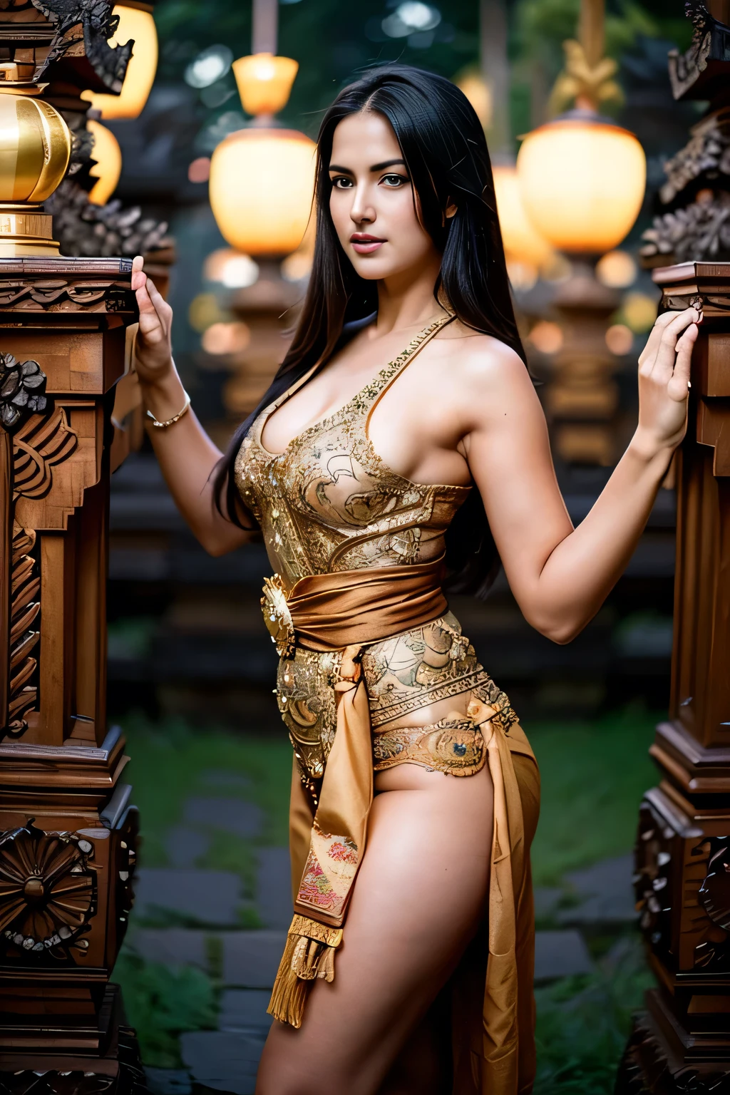 (( top quality)), ((masterpiece)), (detail), heavenly beauty Katrina Kaif,perfect facial detail , perfect finger details, black hair,fit curvy body , Beautiful legs,wearing Balinese traditional clothes, dancing traditional Balinese dance, revealing clothes,Balinese epic vibes, Balinese traditional dance performance, night,depth of field , foto 8K, hdr, professional lighting , taken with canon eos r5 , 75mm lens