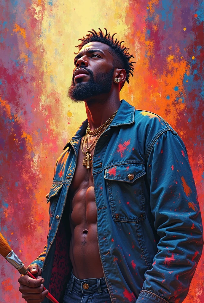 Illustrate a realist piece that portrays black man with double mastectomy scars, capturing their resilience, courage, and embrace their true selves. using the brushstrokes technique. breaking free from traditional gender norms, with blue, pink and white colours