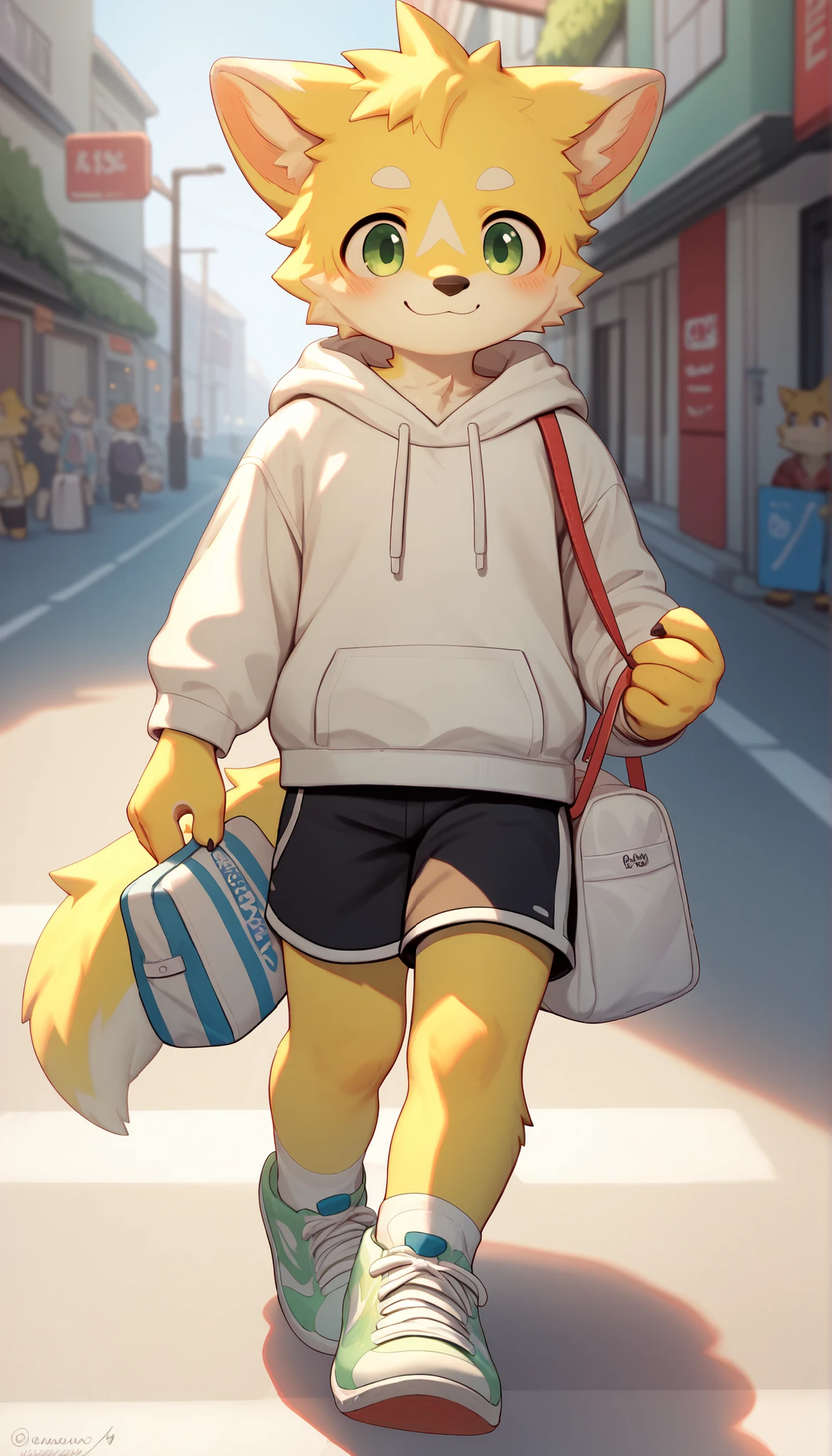 Furry chemoshota, wolf, yellow fur, green eyes, beige hoodie, white shoulder bag, black shorts, white stockings, sneakers, smiling, with a blush on the face, walking on the street, sunny, fine facial depiction, correct hand depiction, highest quality, 4K HD