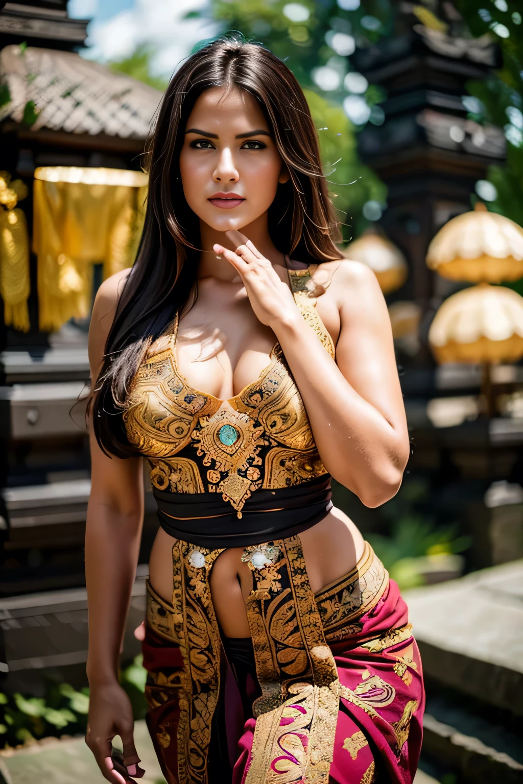 (( top quality)), ((masterpiece)), (detail), heavenly beauty Katrina Kaif,perfect facial detail , perfect finger details, black hair,fit curvy body , Beautiful legs,wearing Balinese traditional clothes, dancing traditional Balinese dance, revealing clothes,Balinese epic vibes, Balinese traditional dance performance, night,depth of field , foto 8K, hdr, professional lighting , taken with canon eos r5 , 75mm lens