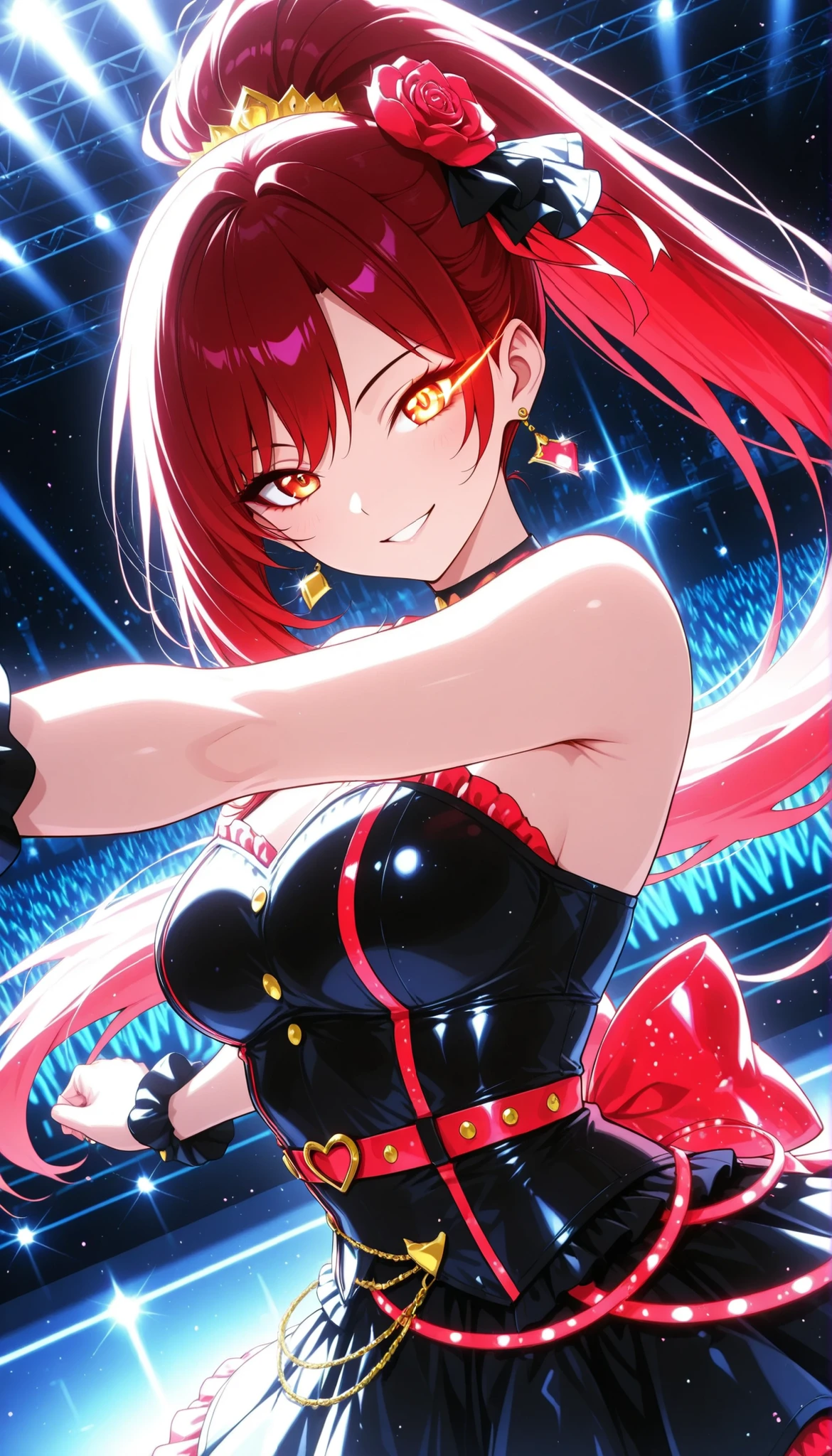  Beauty Idol,  Virtual Idol, (colorfulな髪色, high position super long ponytail,  red hair accessory, orange eyes), watch viewers, smile, eye trail, Dance Motion, Dynamic, Live Stage, colorful, neonライト, vibrant, dark audience background, Glowing Contours, neon, Black Light, Ultra High Definition, after being played in high definition, anime style, (Highest Quality:1.2, CG illustration, masterpiece:1.2, Best Aesthetics),