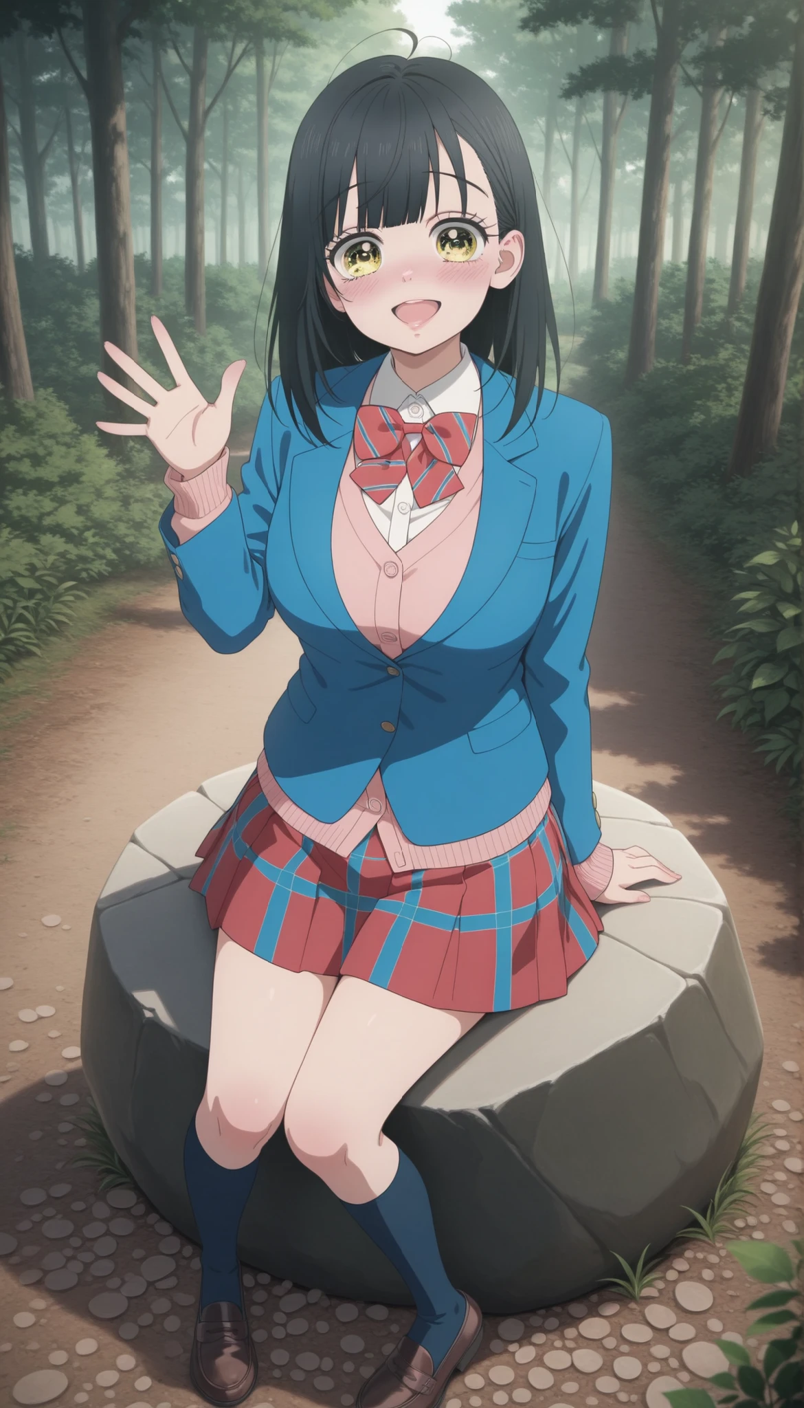 masterpiece, best quality, 1girl, solo, looking at viewer ,black hair, long hair,yellow eyes, long hair, school uniform, white shirt, collared shirt, long sleeves, red bowtie, red skirt, blue skirt ,pink cardigan,blue jacket, smile face, blushing,striped bowtie,plaid skirt, pleated skirt, blue kneehighs ,outdoor ,forest , glossy lips, open mouth,sitting on stone, model posing ,waving ,full body ,large breast