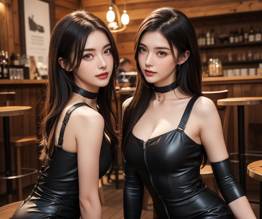 two women in black dresses posing for a picture in front of a mirror, in a leather corset, very tight corset, corset, amouranth, latex outfits, skintight black clothes, inspired by Wang Duo, trending at cgstation, corsets, wearing black latex outfit, wearing corset, leather, black leather slim clothes, leather clothing, tight outfit