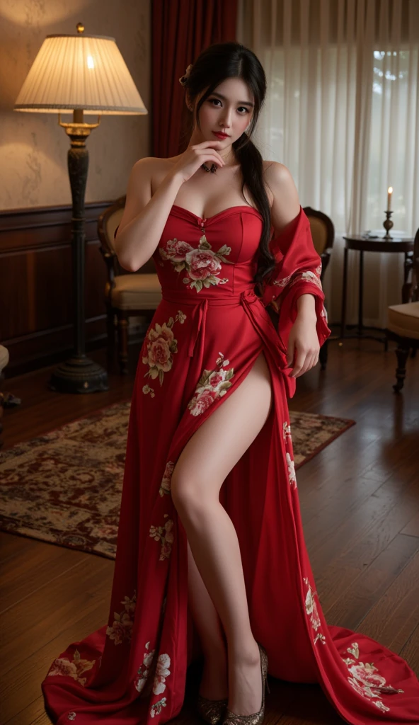Arab Asian woman in red and white dress sitting on a chair, goddess of Japan, gorgeous chinese model, in a kimono, Beautiful Asian Girl, Red kimono, elegant japanese woman, Chinese girl, Japanese, Asian Girl, organic seductive geisha, in a kimono, Japanese Models, glamorous and sexy geisha, red kimono with flower patterns, beautiful oriental woman, Ayami,(NSFW:1.3),(Full Body:1.9),(cute face:1.3),(huge breasts:1.3),(high-heels:1.6),(big hips1.3),(medium thighs:1.3),(breasts slightly exposed:1.3),(cleavage of the breast:1.3),(lipgloss:1.3),(long blonde hair:1.3),(stocking lace:1.3),(legs wearing lace stockings:1.4),(stockings with black rose pattern:1.4)