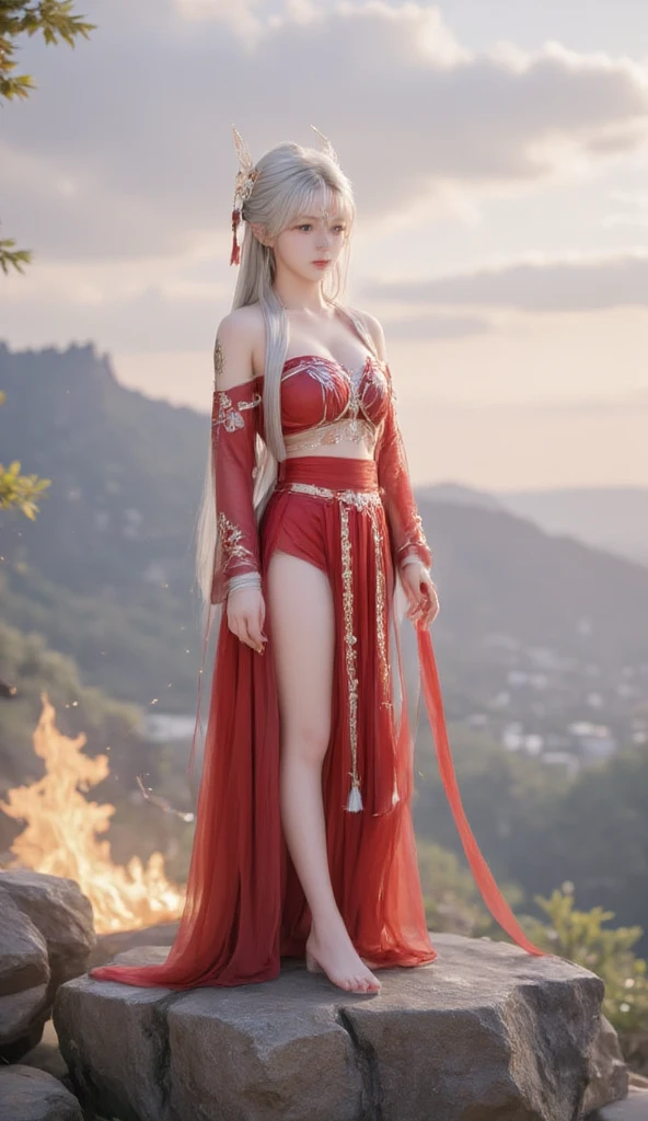 (8k, RAW photo, best quality, masterpiece:1.2), (realistic, photo-realistic:1.4), (extremely detailed CG unity 8k wallpaper), (1 girl:1.5), Western beauty, (Red clothes: 1.4), red spots on forehead, pale skin, blush, big eyes, full body, thighs, open navel, gold waist chain, gold jewelry, flying ribbons, particles, background is Loulan ancient city, ancient city wall, desert, dance, dunhuang_dress, dunhuang_style,