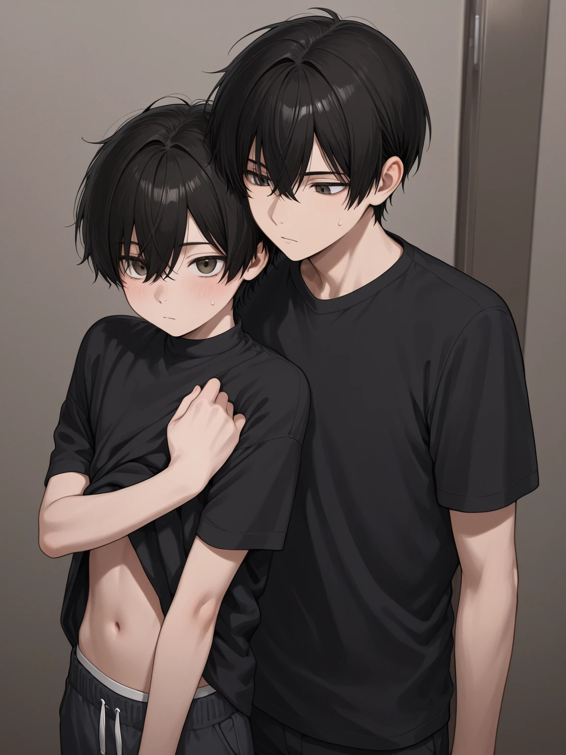 masterpiece, best quality, cute, 2 boy, on the lap, black hair 1 character, close eyes,. No clothes. Boy behind the first strong, dark boy. First boy on lap black hair and closed eyes. Second boy with his phallus between the legs on the other side which are open. White and red liquid between lap boy's thighs . Second strong muscular boy, big, tall, strong, big arms and dark. Front perspective. Naked. Second boy Behind the boy on the lap, with open yellow eyes and a twisted smile and a blushing face. First boy still with his eyes closed and a trail of tears.
