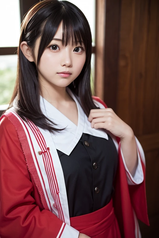 Live-action portrait of Megumin、Characters of blessing this wonderful world、Depicted as a real person、whole body、Black Hair、Short hair look、Long hair only at the nape、Red Eyes、Budding breasts、Wearing a witch-like outfit、tyranny、In oneself、A frightened expression inside、Dynamic action shots、Ultra-realistic、Detailed facial features、Natural lighting、High resolution