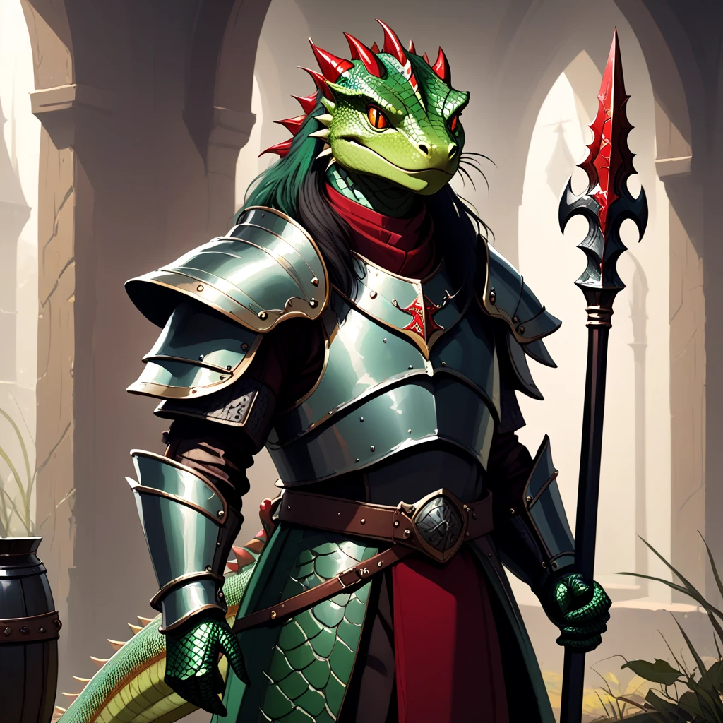 digital painting, male dragonborn doomseeker, reptilian skin, brushed color:mediumseagreen metal and iridescent salmon scales, Mess Hall and Kitchen \(room\) <lora:EnvyStarlightDragonborn01:1>