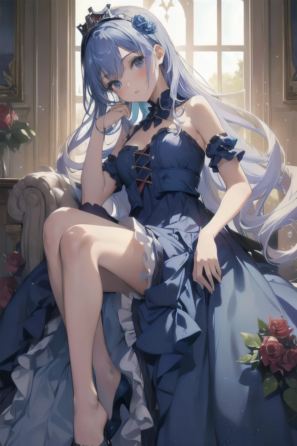 ((Highest quality)),(Ultra-high resolution),Flared skirt dress,High neck、The material of the dress is deep blue roses、Highly detailed CG Unity 8k wallpaper, , Earrings, Blue hair, Curly Hair, Blunt bangs, Straight bangs, Blue eyes, White skin, Gal, Improve、Her flat chest is hidden by her dress