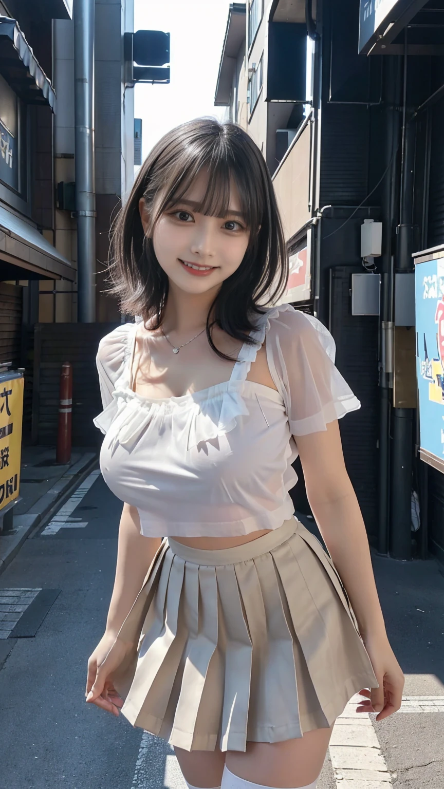 realistically, 1 girl, black hair, brown eyes, stream, glowing eyes, white short skirt, red lips, Blush, white cat, rain, Sleeveless crop top dress, big breasts, Sit on your knees., (Sit on your knees.)