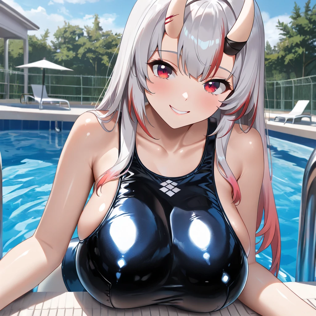 Off the shoulder dress,a girl,Big breast, one piece,yamato,Yamato,swimsuit,White hair,Red horns