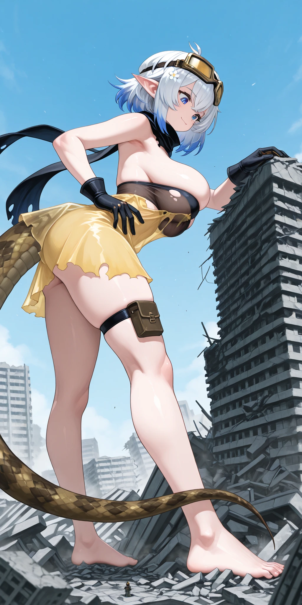 3d, godzilla chan, reptile tail, giantess, towering over a city, massive breasts, green short hair, golden eyes, on a street, massive oversized breast, tank top, giatess

