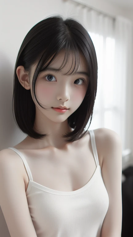 portrait、masterpiece:1.3、one girl、Upper body、Upper body、baby face、natural look、very cute、charming eyes、small breasts、short bangs、short bob、plump lips、no makeup、luxury shirt with lace、black shirt、RAW photo、最high quality、High resolution、Super detailed、high quality、Detailed details、８ｋ、(((blurred background、gray walls、gray background、White world、studio:1.5、cinematic lighting、professional photographer)))