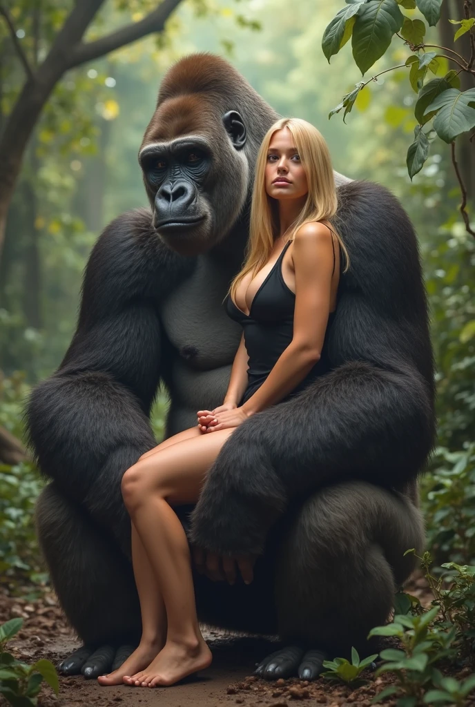 giant huge gorilla  monster carries  faint limp  topless beautiful horny aroused  leopard thong little  young  blonde  teen girl in his arms embrace sitting on his lap cuddling small breasts  nsfw licking her breasts with his tongue 