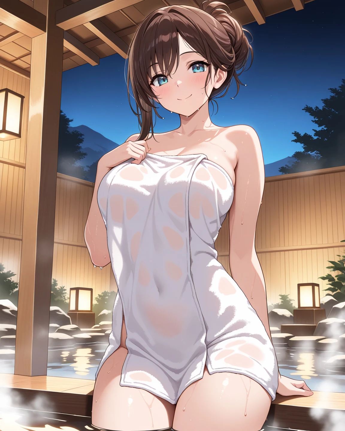(masterpiece), best quality, (16k), expressive eyes, perfect face, BREAK, office lady, 3 girls, large breast, navel, BREAK, ((topless)), (((wet cobalt blue solid pencil mini skirt))), bare arms, bare legs, shiny skin, wet body, BREAK, brown hair, wet hair, Lower ponytail, closed eyes, :), BREAK, standing, (upper body), ((from behind)), BREAK, outdoors, in the onsen, snowy, wading,
