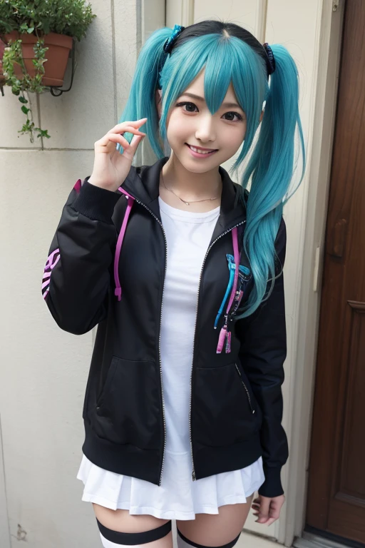 Draw a Japanese girl gamer with light blue hair in twin tails and wearing a sweatshirt.