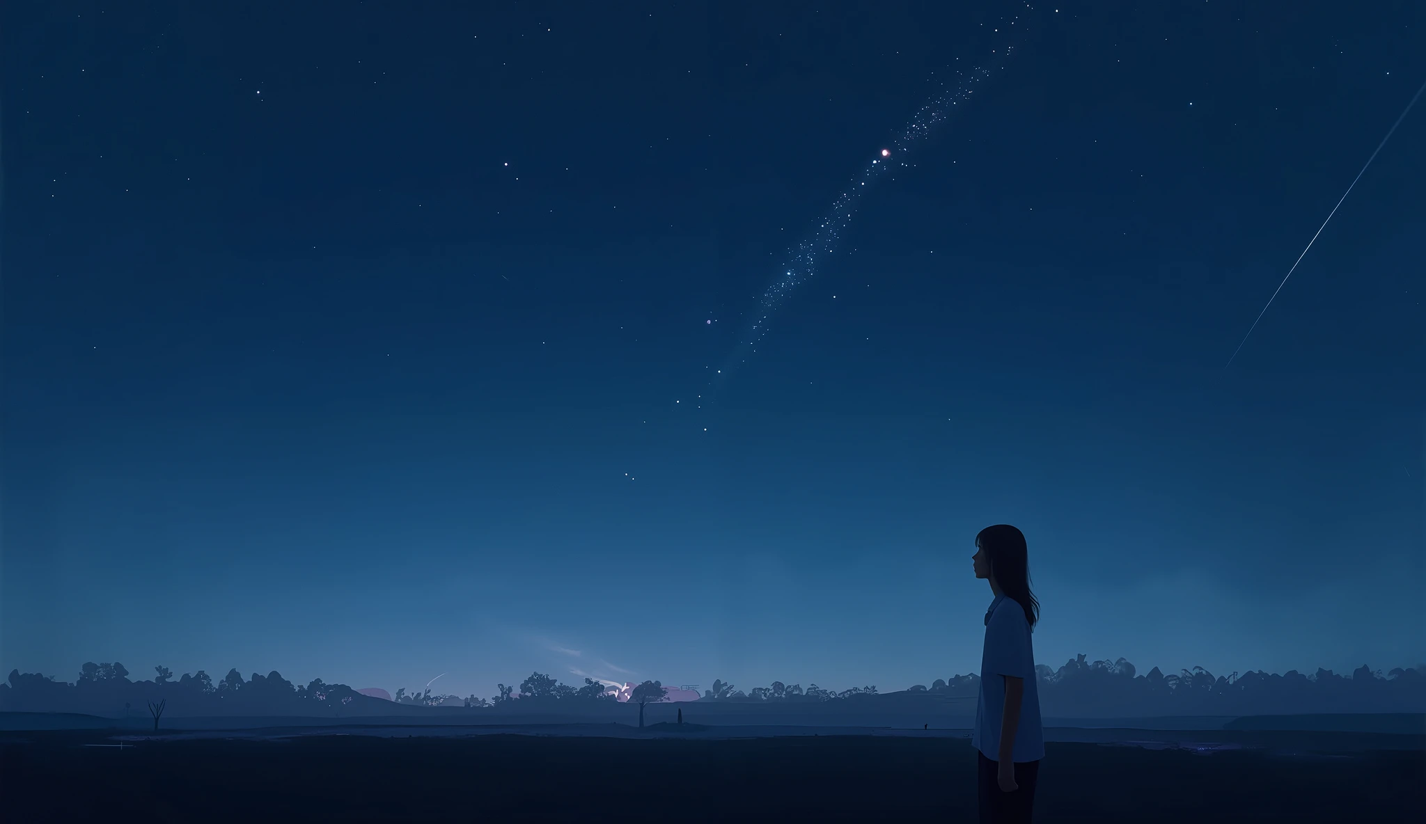 A melancholic yet dreamy night scene under a starlit sky. A lone figure stands in a wide, quiet field or on a rooftop, gazing up at the stars. A bright meteor shower streaks across the sky, symbolizing a fleeting and beautiful love. The person’s expression is thoughtful and nostalgic, as if remembering someone they once loved. The atmosphere is calm, soft, emotional — with cool tones like navy blue, soft purple, and gentle warm highlights from starlight. The lighting is cinematic, with a soft glow around the character. Optional elements: wind gently moving their clothes or hair, a faint silhouette of another person fading in the distance, or the remnants of a shared memory in the background. The style should feel poetic, emotional, and timeless — like a bittersweet memory captured in stillness.