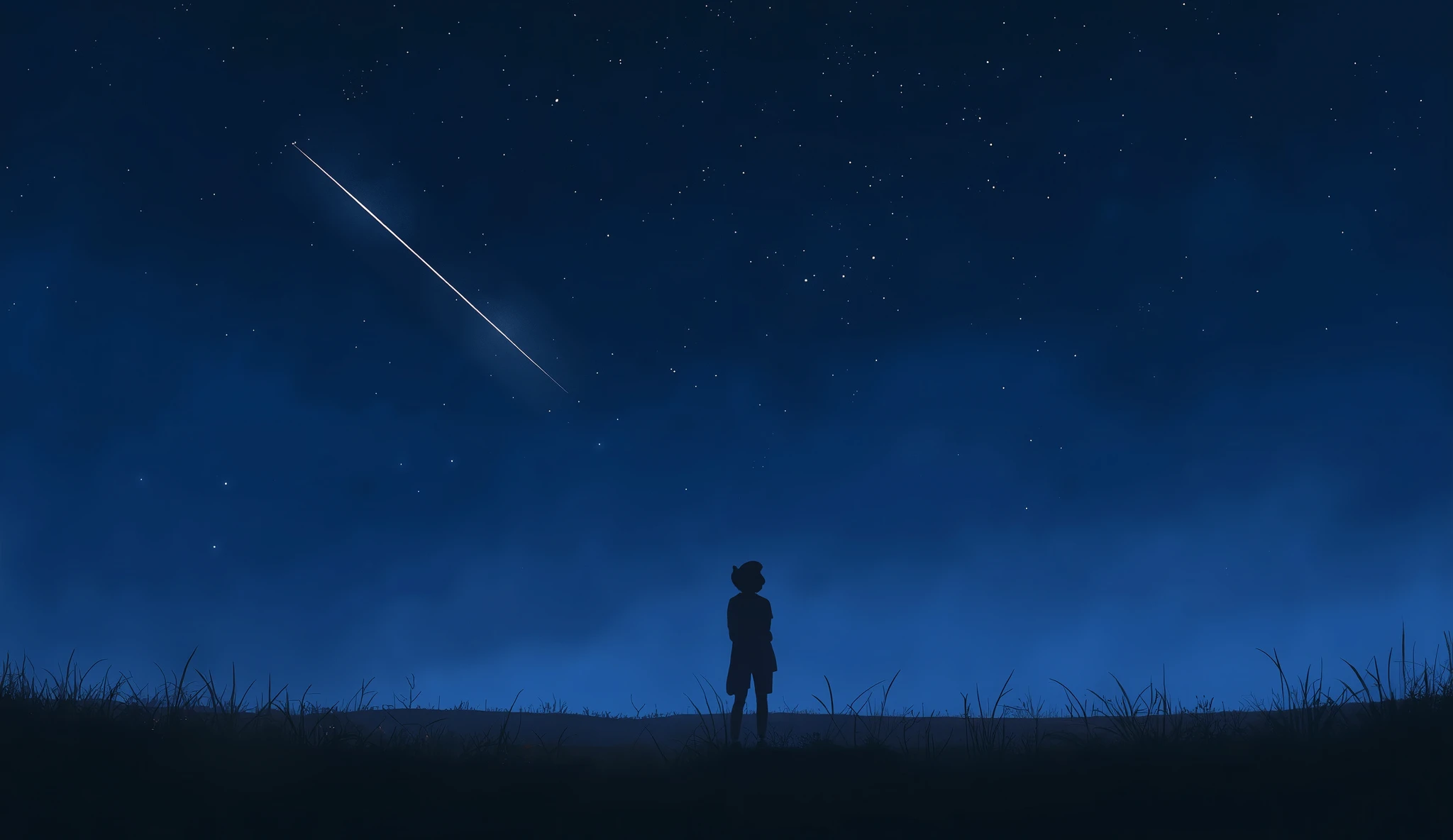 A melancholic yet dreamy night scene under a starlit sky. A lone figure stands in a wide, quiet field or on a rooftop, gazing up at the stars. A bright meteor shower streaks across the sky, symbolizing a fleeting and beautiful love. The person’s expression is thoughtful and nostalgic, as if remembering someone they once loved. The atmosphere is calm, soft, emotional — with cool tones like navy blue, soft purple, and gentle warm highlights from starlight. The lighting is cinematic, with a soft glow around the character. Optional elements: wind gently moving their clothes or hair, a faint silhouette of another person fading in the distance, or the remnants of a shared memory in the background. The style should feel poetic, emotional, and timeless — like a bittersweet memory captured in stillness.