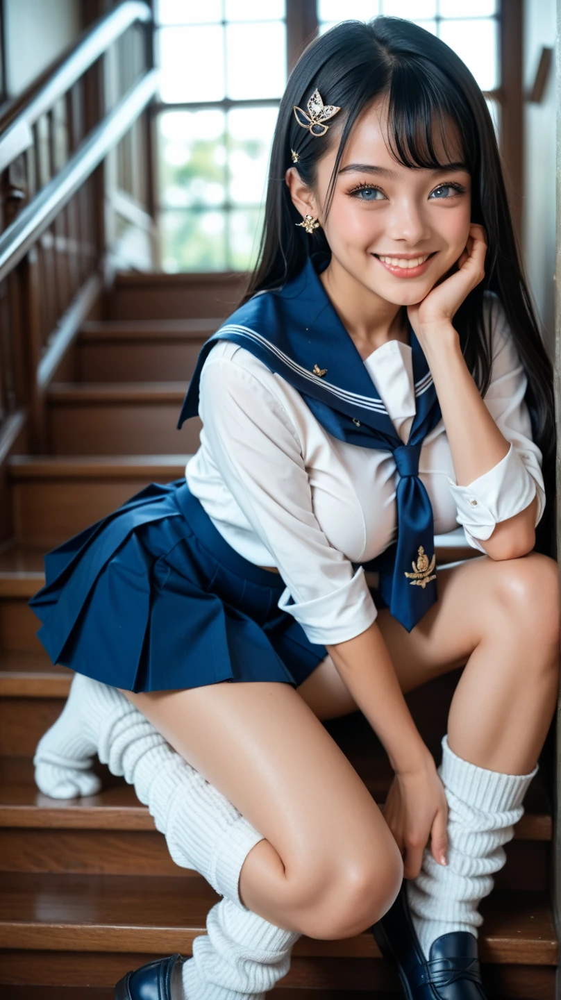 (very long hair:1.3),(big smile:1.3),(happy smile:1.3),(sexy panties:1.3),(white panties:1.2),(realistic silk panties:1.3),(double eyelids:1.3),(long eyelashes:1.3),Japanese school uniform,(Looking directly at Viewer:1.3),32K, masterpiece, Raw photo, Best Quality, Photorealistic, Highly detailed CG Unity 32K wallpaper,(Extremely beautiful face, Beautiful lips, Beautiful eyes, beautiful teeth), detailed teeth, intricate detailed face, ((Ultra detailed skin)) 1girl in, Cutest Pretty Japanese girl, Super idol, 1 girl,(Happy smile), Clear eyes, (pale skin), (Big eyes:1.2), (Brown hairs), thick thighs, ,balanced elegant face, drooping eyes