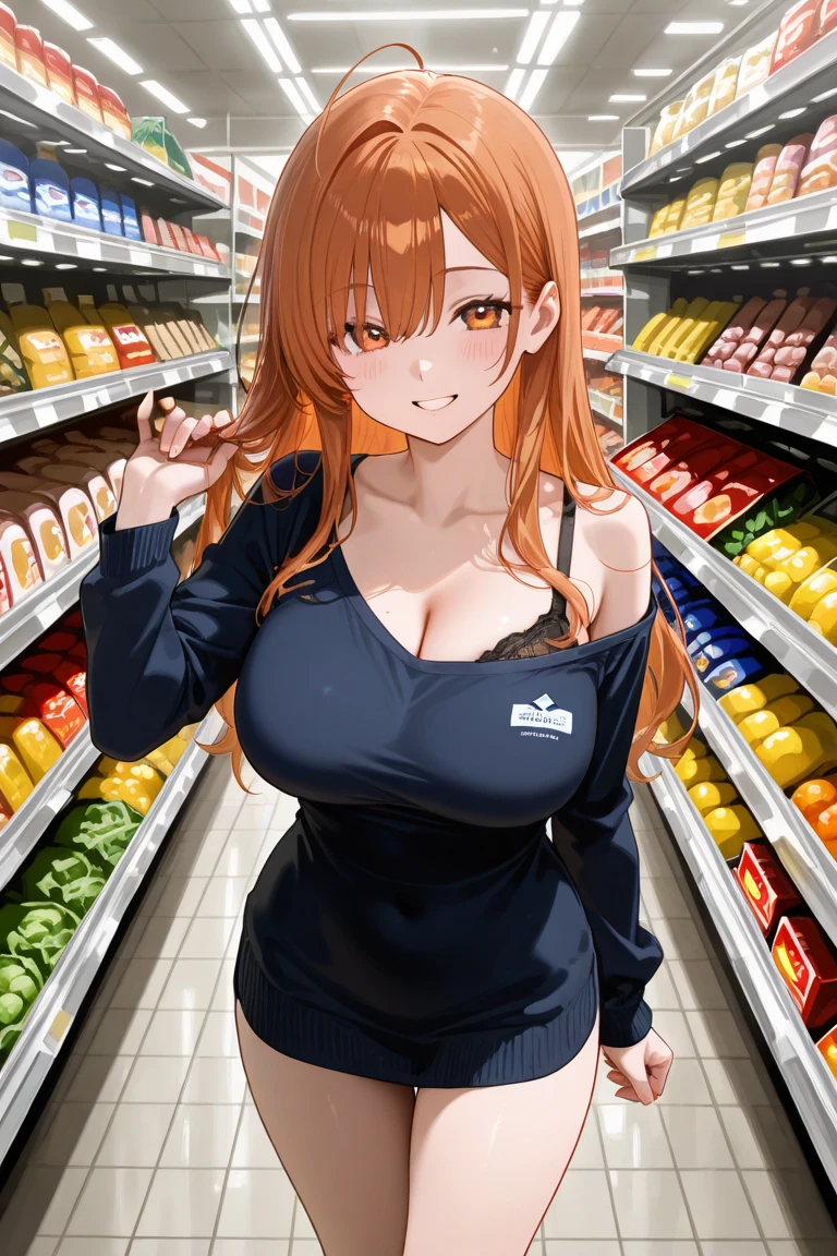 long orange hair, green eyes, large cleavage, shopping bags, shopping, mall