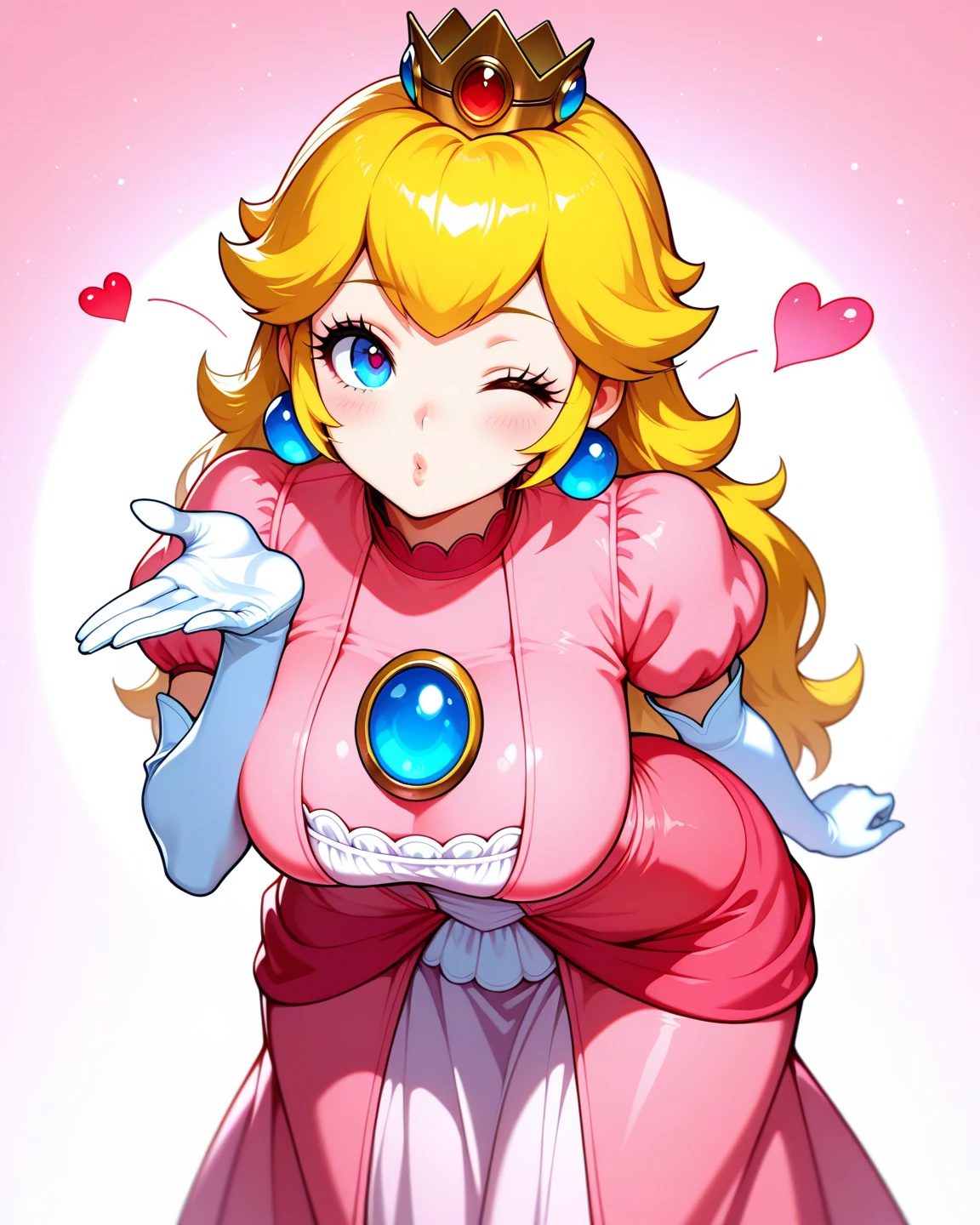 princess_peach, 1girl, solo, blonde hair, blue eyes, pink dress, white gloves, earrings, long hair, jewelry, elbow gloves, gloves, blush, puffy short sleeves, crown, dress, short sleeves, puffy sleeves, , moisesgrafic_style, cleavage, big lips, open mouth, tongue, tongue out, big tongue, saliva, drooling, thicc