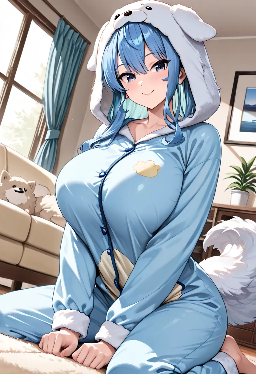 <lora:footie:0.6>, hoodie-footie pjs, 1girl, gigantic breasts, <lora:futon-10:0.6>, fox ears, fox tail, hood up, blonde hair, red eyes, indoors, :d, smile