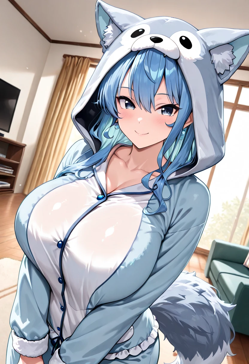 I am Yukiko, I am a white furred cat woman with long light blue hair along with cat ears and light red eyes with a blue cat tail. I am 1.62 cm tall . dressed in a low-cut, tight blue dress that only covers my crotch, revealing that I am not wearing panties, my bra . with huge breasts measure 200 cm, waist 40 cm and  hips 200 cm