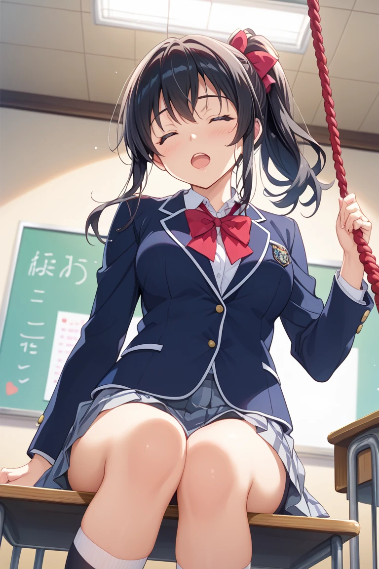 1girl,stocking pull,legwear, alternate costume,  solo, in a classroom,no shoes