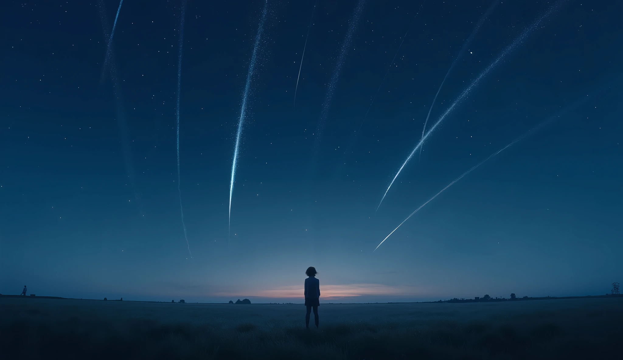 A melancholic yet dreamy night scene under a starlit sky. A lone figure stands in a wide, quiet field or on a rooftop, gazing up at the stars. A bright meteor shower streaks across the sky, symbolizing a fleeting and beautiful love. The person’s expression is thoughtful and nostalgic, as if remembering someone they once loved. The atmosphere is calm, soft, emotional — with cool tones like navy blue, soft purple, and gentle warm highlights from starlight. The lighting is cinematic, with a soft glow around the character. Optional elements: wind gently moving their clothes or hair, a faint silhouette of another person fading in the distance, or the remnants of a shared memory in the background. The style should feel poetic, emotional, and timeless — like a bittersweet memory captured in stillness.